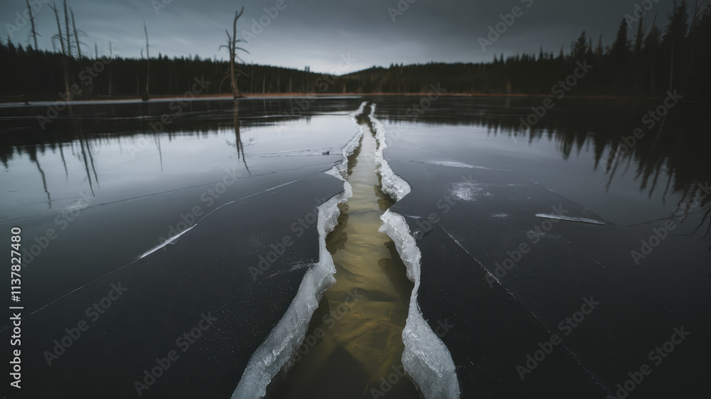 Obraz premium A serene winter landscape featuring cracked ice over a reflective lake, showcasing the beauty of nature's seasonal transition.
