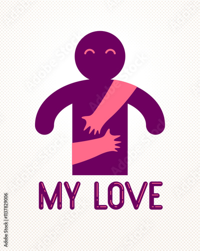Beloved man with care hands of a lover woman hugging and caresses his chest, vector icon logo or illustration in simplistic symbolic style.