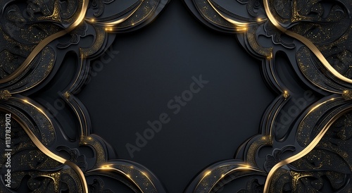 Photorealistic vintage elegant luxury black and gold abstract frame background with copy space for text or logo. Generative AI  photo