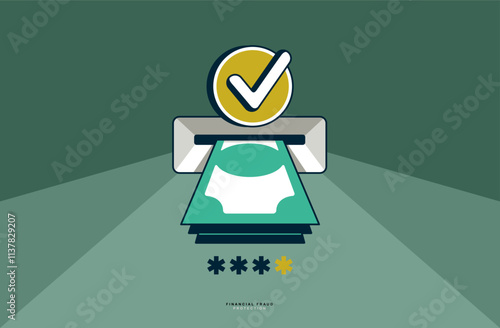 Money stack from ATM with password or code conceptual poster, financial fraud protection concept, icon style vector illustration of a banknotes pile and ATM and password or code typing.
