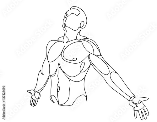 Man with spread hands showing pose of freedom like feeling that he can fly, vector linear illustration, emotional concept of feel free and happy.