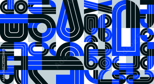 Abstract seamless background, vector geometric tiling pattern in trendy blue lined style, modern design artistic composition.