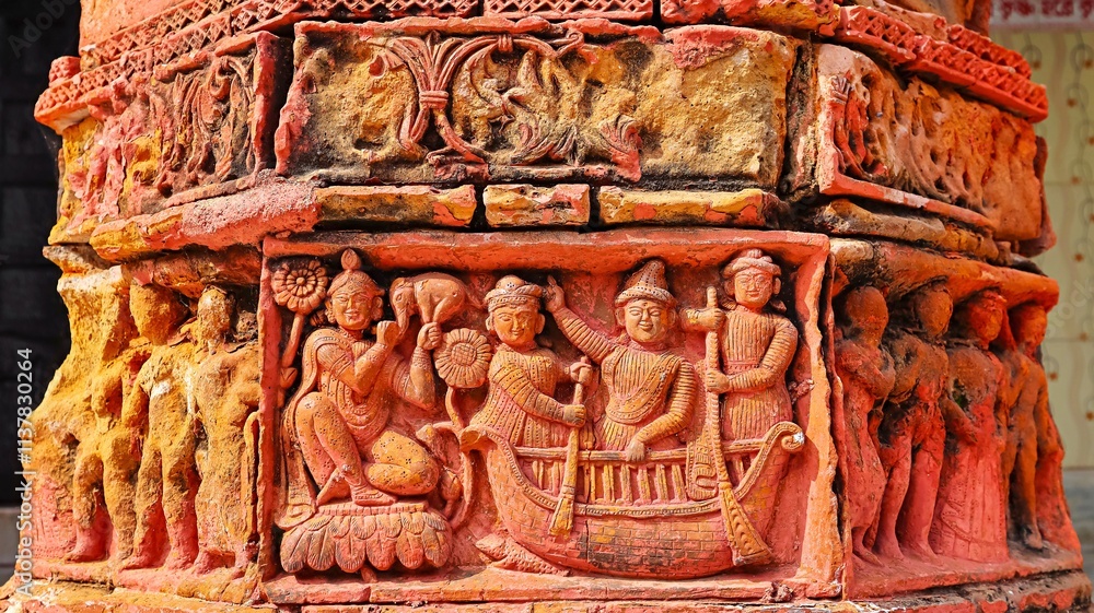 Fototapeta premium Boat scenes at the base of column, Kamale Kamini from Mangal Kavyas, Lakshmi Janardan Temple, Ghurisha , Birbhum, West Bengal, India.