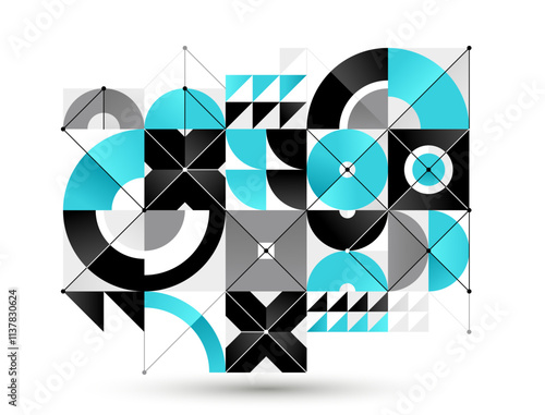Abstract vector Bauhaus geometric background, network and digital data composition, mechanical engine industry style, tech engineering look like shapes and lines.