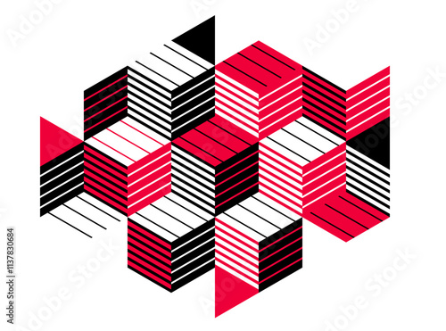 Black and red geometric vector abstract background with cubes and shapes, isometric 3D abstraction art displaying city buildings forms look like, op art optical illusion.