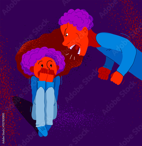 Abusive father vector illustration, bad father scream and shout on little scared girl his daughter, domestic violence, victim child, despotic parent, psychological violence abuse.