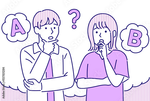 2つの選択肢で悩む男女のカップル・シンプルでポップなベクターイラスト