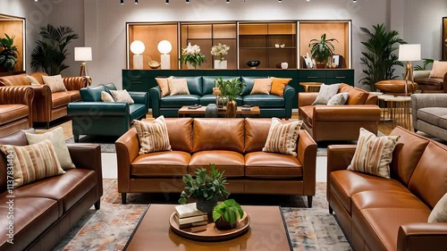 Luxury Furniture Showroom with Stylish Leather Sofas, Cushions, and Elegant Interior Decor

 photo