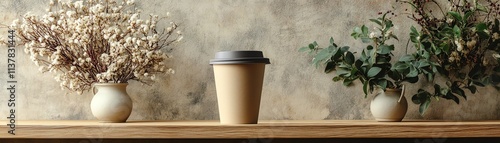 Disposable cardboard coffee cup to go in ecofriendly coffee shop, kraft paper cup, wooden table, space for text, ecological design, sustainability focus