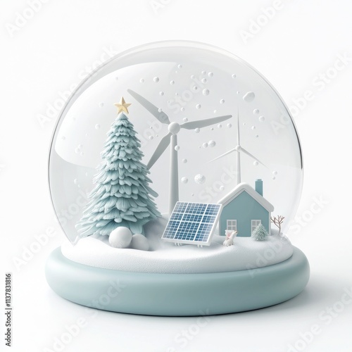 A soft, clay-like 3D illustration. A snowglobe with a Christmas tree, a solar panel, and a wind turbine inside, surrounded by gently falling snow. The snow globe has a smooth