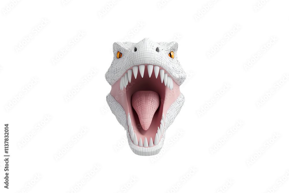 Naklejka premium A fierce, white dinosaur head with sharp teeth and a wide-open mouth, showcasing a detailed interior.