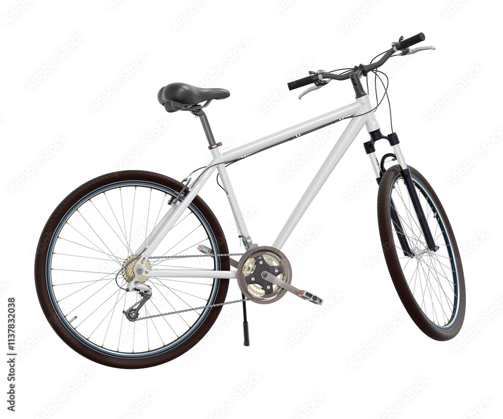 Fototapeta premium White bicycle standing while leaning on kickstand, side view. Bike resting on kick stand. PNG isolated on transparent background