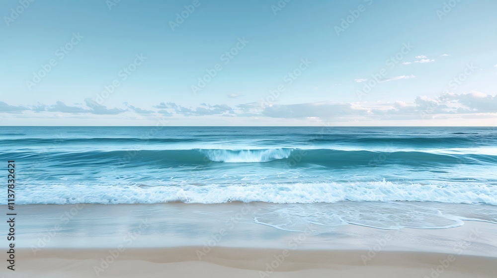 Fototapeta premium Serene Coastal Seascape: Tranquil Ocean Waves Rolling Onto a Sandy Beach Under a Calm Sky