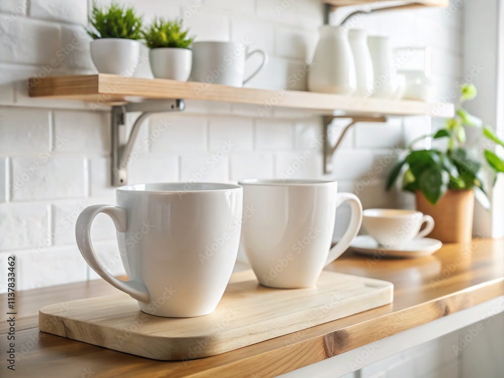 Obraz premium Stacked White Porcelain Mugs Kitchen Shelf - Cozy Home Decor Photography