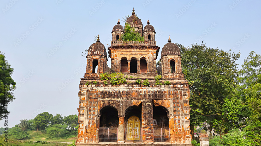 Fototapeta premium View of the ancient ruins of Raghunath Temple, a 15th-century structure in Kuchut, Bardhaman, West Bengal, India.