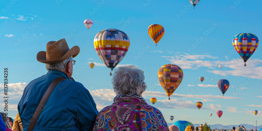 Fototapeta premium A old persons enjoying the freedom and fun of a hot air balloon journey, captured in a vibrant outdoor festival setting.