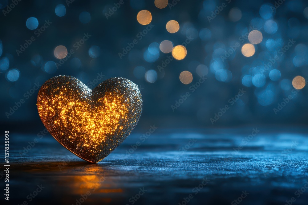 Fototapeta premium A golden heart-shaped ornament glows softly against a dark background, exuding warmth.