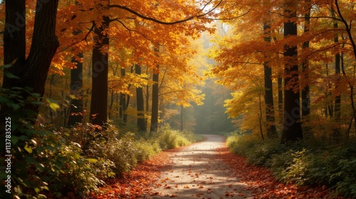 Serene Autumn Pathway in Lush Forest