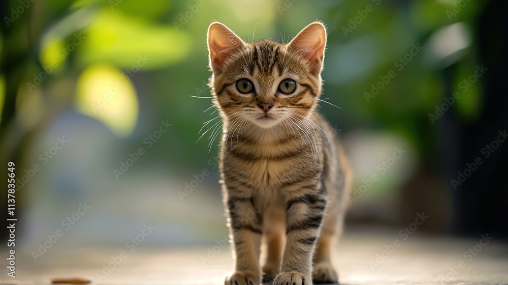 Fototapeta premium A cute cat standing on the ground, with a green background and blurred foreground.