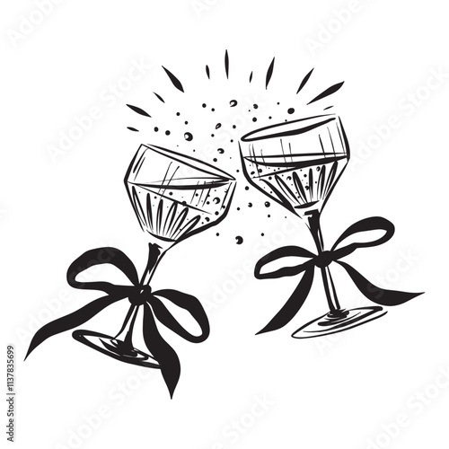 Hand-drawn vector illustration in trendy line art style for 2025, featuring two champagne glasses with bows. Perfect for holiday cards, party invitations, posters, social media, and event branding.