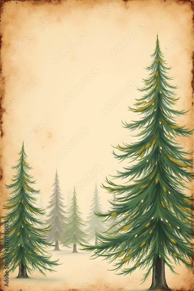 Obraz premium Vintage Style Evergreen Forest Illustration on Aged Parchment Background with Gold Accents