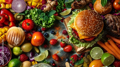 Burger stuffed with juicy beef, melted cheese, crispy lettuce and ripe tomatoes on the table. Vegetables in section lying on the table. Gastro photo.