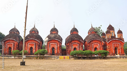 Ten aatchala temples and two pancha-ratna temples flank the Ananda-Bhairavi Temple, Sukharia, Hooghly, West Bengal, India. photo