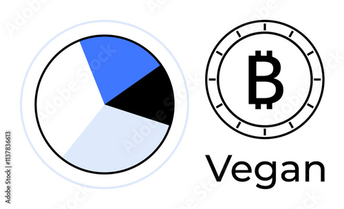 Pie chart with blue and black sectors next to a Bitcoin symbol and the word Vegan. Ideal for finance, cryptocurrency trends, vegan lifestyle, modern economy, health trends, market analysis