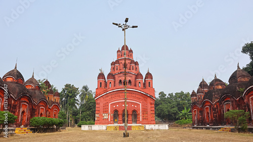 Ten aatchala temples and two pancha-ratna temples flank the Ananda-Bhairavi Temple, Sukharia, Hooghly, West Bengal, India.
