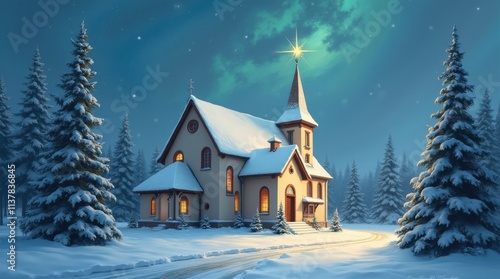 Wallpaper Mural Serene Snow-Covered Church with Christmas Star Torontodigital.ca