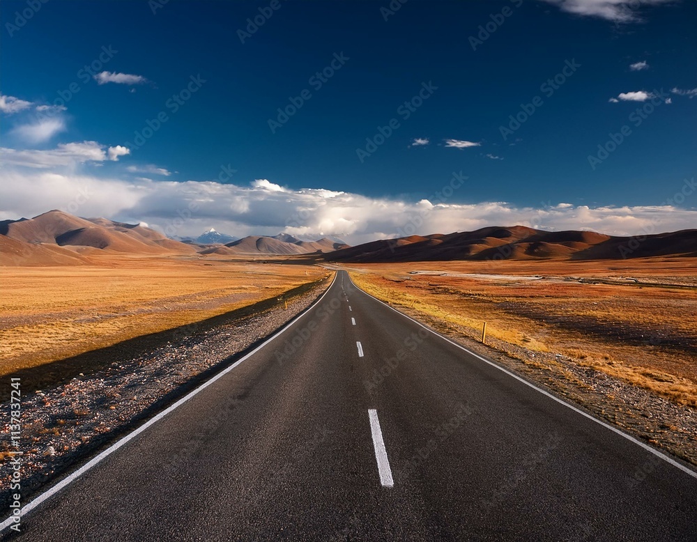 Fototapeta premium Long Road Through the Mongolian Steppe - Journey and Destination