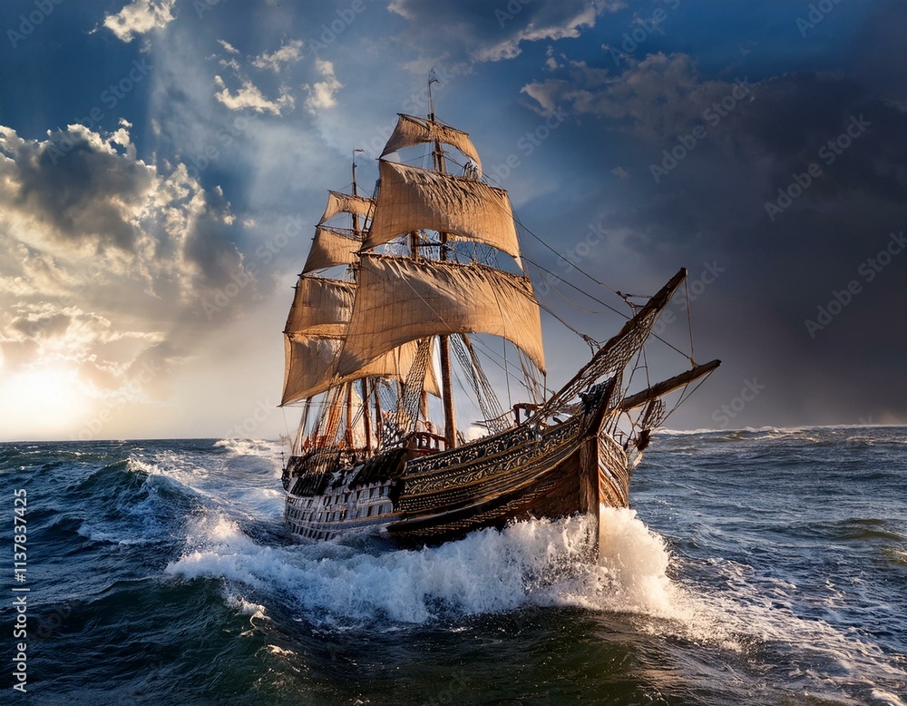 Fototapeta premium Ancient Sailing Ship in a Storm