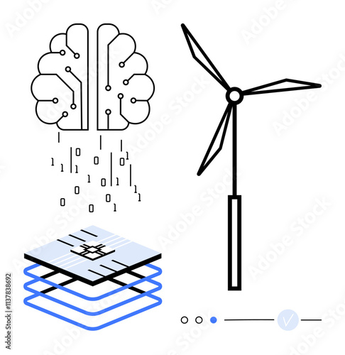 Brain with binary code, wind turbine, and layered circuits. Ideal for AI, clean energy, technology, innovation, data processing sustainable development renewable resources. Line metaphor