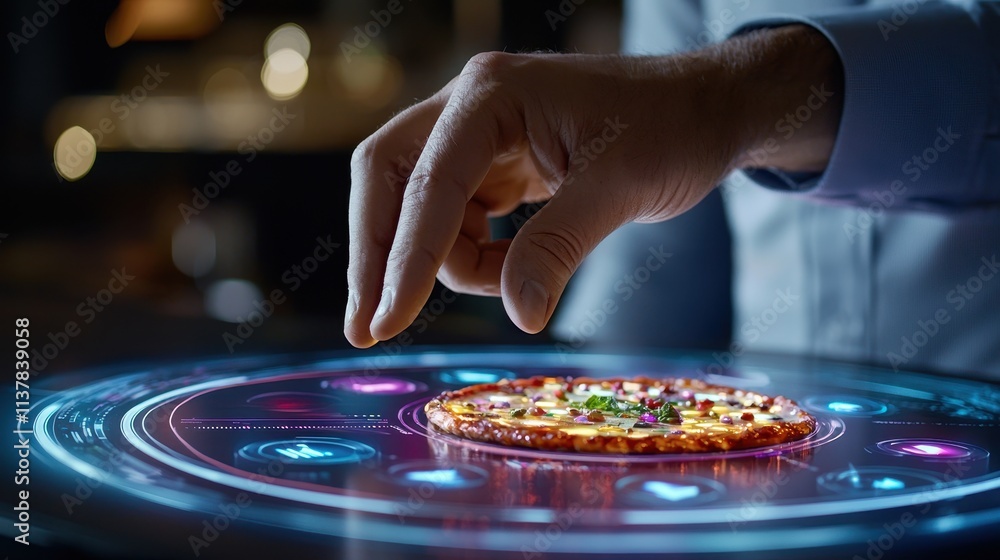 Fototapeta premium Hand Reaching for Virtual Pizza on Interactive Digital Table