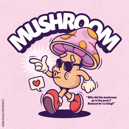 Mushroom Cute Trendy Retro Cartoon Vector Hand Drawn 
