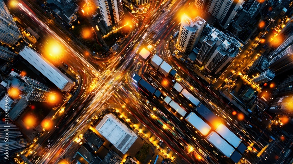 Fototapeta premium Aerial View of Urban Intersection with Traffic and City Lights