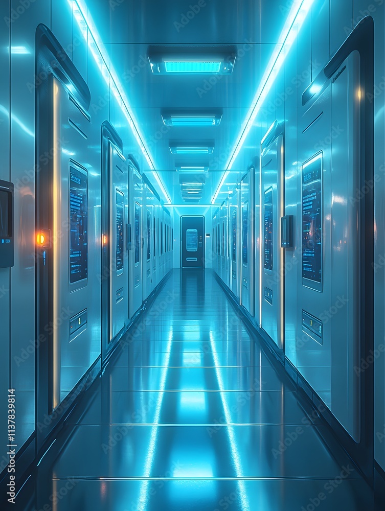 Fototapeta premium Futuristic gym locker with glowing LED panels on each door, set in high-tech gym. Blue and white lighting reflects modern design, creating a sci-fi aesthetic ideal for promoting advanced fitness tech.