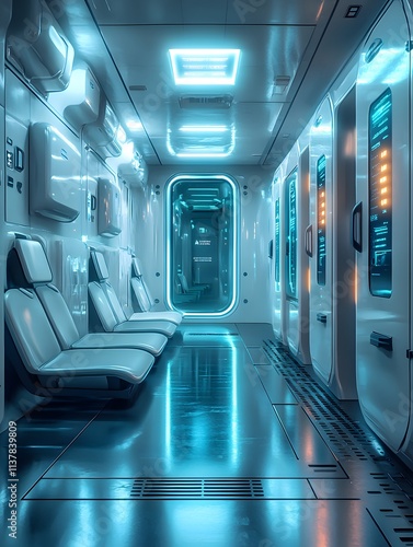 Futuristic gym locker with glowing LED panels on each door, set in high-tech gym. Blue and white lighting reflects modern design, creating a sci-fi aesthetic ideal for promoting advanced fitness tech. photo