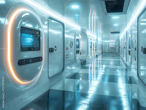 Futuristic gym locker with glowing LED panels on each door, set in high-tech gym. Blue and white lighting reflects modern design, creating a sci-fi aesthetic ideal for promoting advanced fitness tech. photo