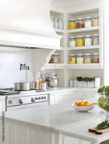 Wallpaper Mural A kitchen with matte white cabinets, a natural wooden countertop, and a single bowl of lemons as a centerpiece Torontodigital.ca