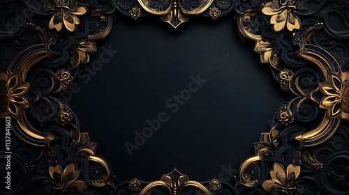 Photorealistic vintage elegant luxury black and gold abstract frame background with copy space for text or logo. Generative AI  photo