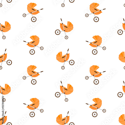 Orange baby stroller vector seamless pattern. Perambulator, pram, pushchair background, packaging