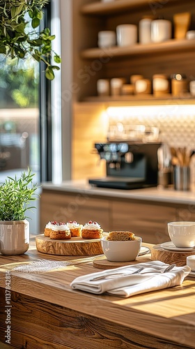 Cozy morning brunch setup featuring a warm cup of coffee, delightful pastries, and natural sunlight illuminating the space