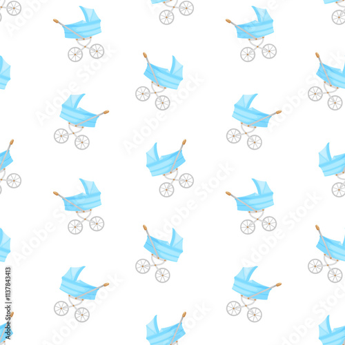 Blue baby stroller vector seamless pattern. Perambulator, pram, pushchair background, packaging