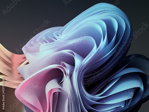 Abstract digital artwork featuring a wave-like form in azure, blush pink, mauve, and bronze tones. The colors flow gracefully, 3d rendered illustration, abstract background with lines photo