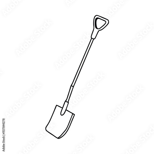 a black and white line drawing of a shovel. The shovel has a long handle with a round head and a flat bottom.