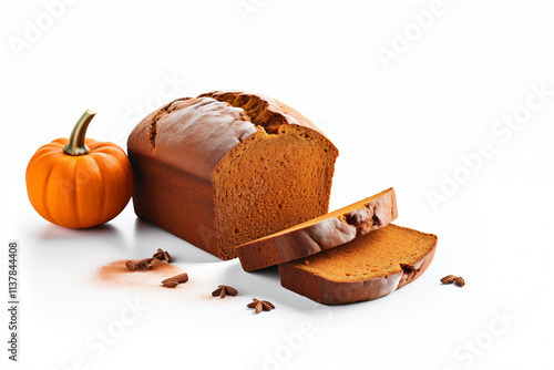 Freshly baked and delicious pumpkin brown bread, neatly sliced and presented on a clean white background. Highlighting its rich texture, wholesome ingredients, and perfect golden-brown crust