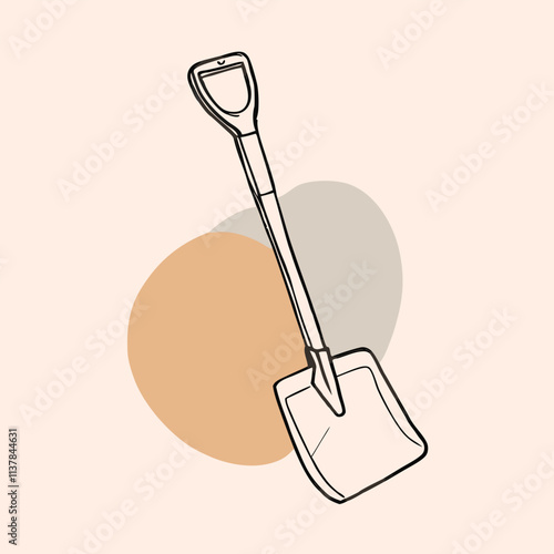 a black and white line drawing of a shovel. The shovel has a long handle with a round head and a flat bottom.