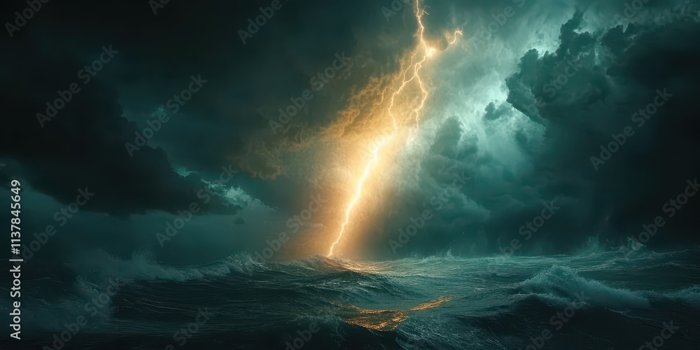 Fototapeta premium Sunlight pierces through dramatic storm clouds over turbulent ocean waters