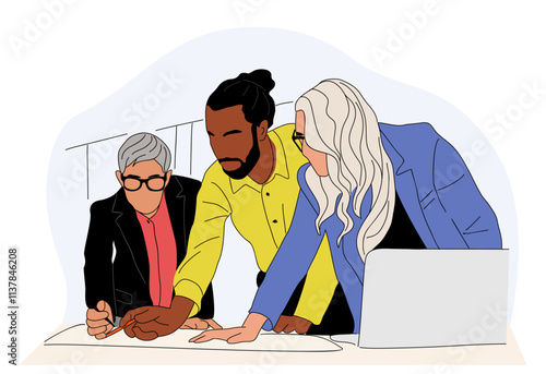 Diverse business team members working together with laptop and documents. Vector outline colored illustration isolated on transparent background